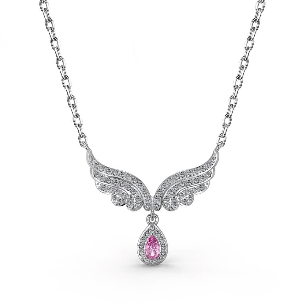 Angel Wings With Pear Cut Pink CZ Sterling Silver Necklace