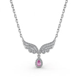 Angel Wings With Pear Cut Pink CZ Sterling Silver Necklace