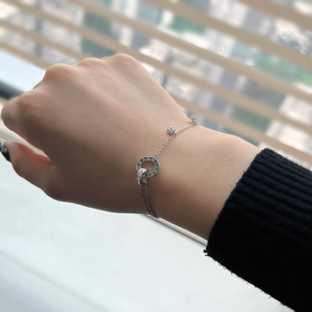 Round Cut Simulated Diamonds Roman Numeral Bracelet in Sterling Silver