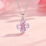 Heart Cut Pink CZ Flower Sterling Silver Necklace