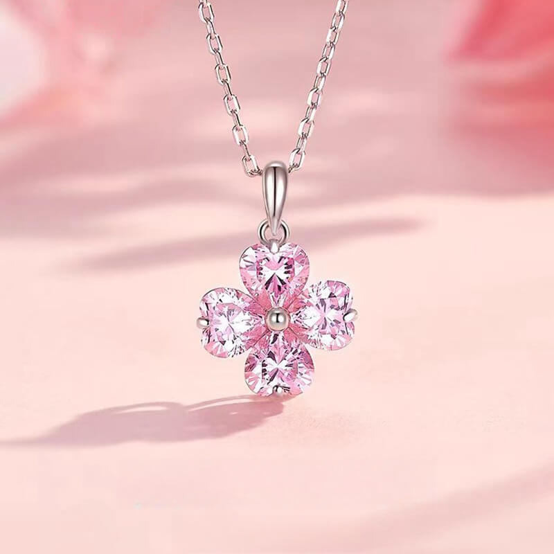 Heart Cut Pink Flower Sterling Silver Necklace
