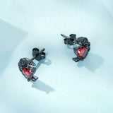 Enchanting Heart Cut Ruby and Black Moon Design Earrings in Sterling Silver