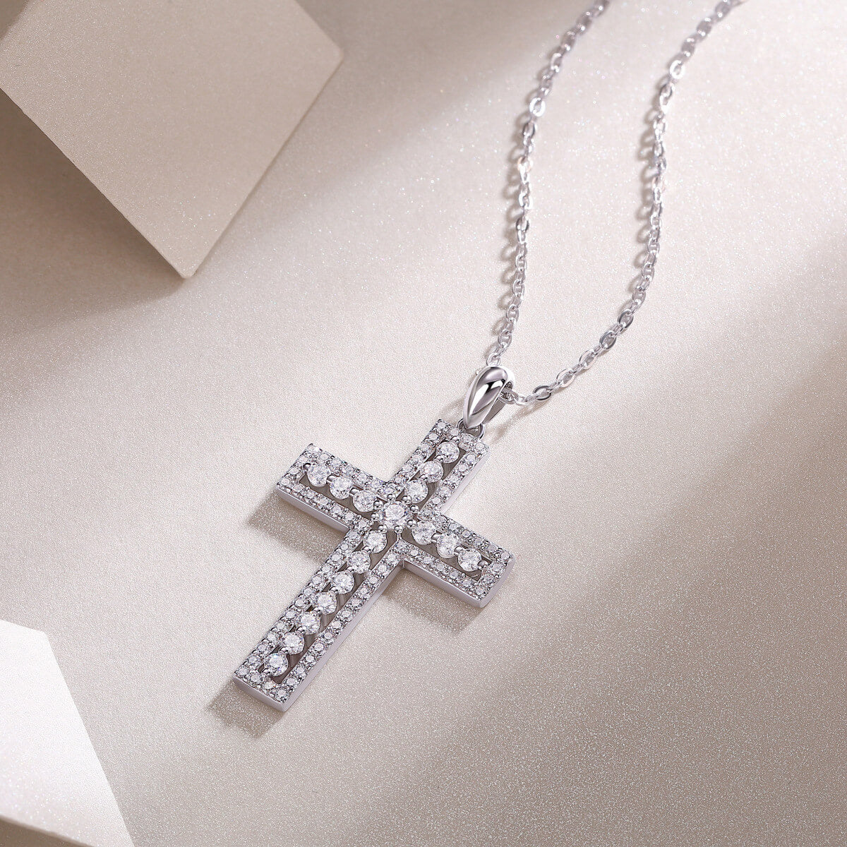 Princess Cut Moissanite Cross Necklace with White Gold Plating, 925 Sterling Silver