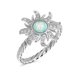 Luxurious Sunflower Design Round Cut Blue Stone Sterling Silver Engagement Ring