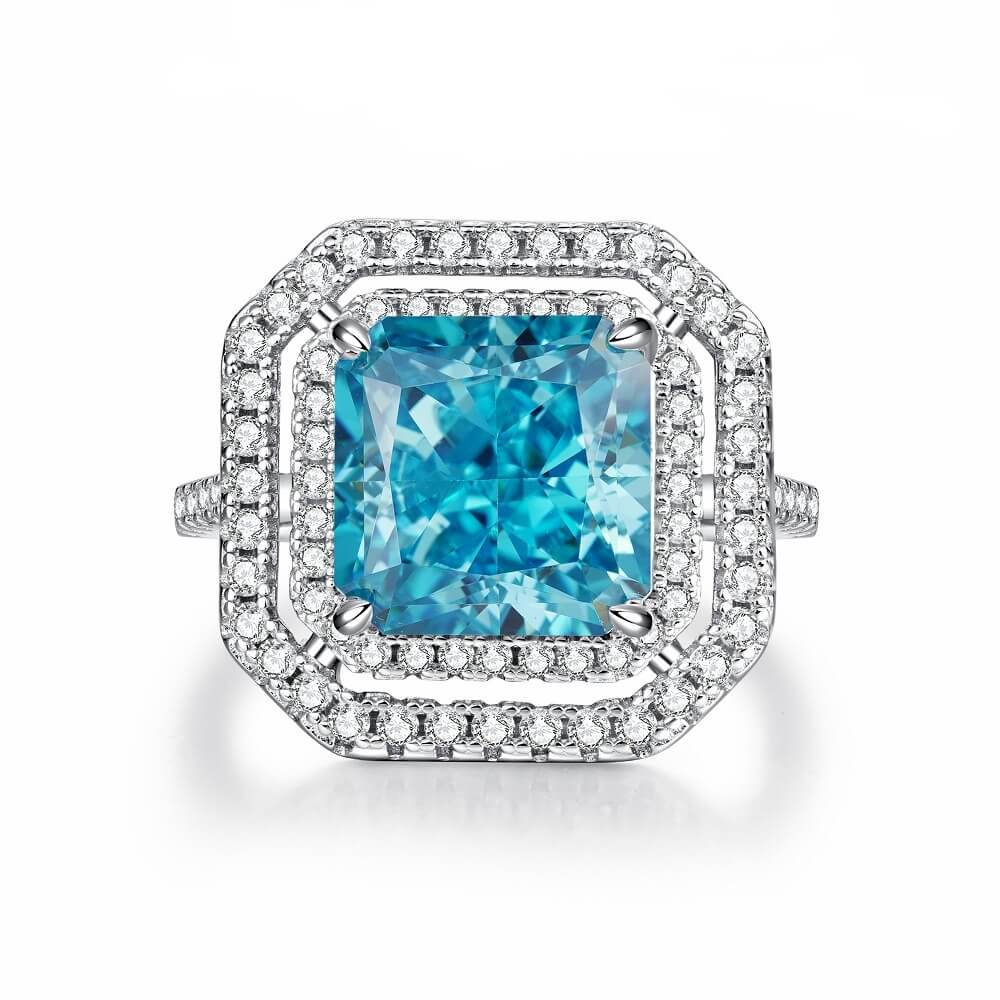 Radiant Cut Blue Stone Halo Sterling Silver Engagement Ring