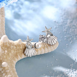 925 Sterling Silver Starfish&Shell Design Pearl Stud Earrings