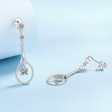 Round Cut White Stone Tennis Racket Design Earrings in White Gold Plating with Moissanite, 925 Sterling Silver