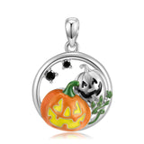 Halloween Pumpkin & Skull Design Black Stone Necklace In Sterling Silver