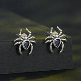 Halloween Spider Design Pear Cut Purple Stone Earrings In Sterling Silver