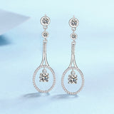 Round Cut White Stone Tennis Racket Design Earrings in White Gold Plating with Moissanite, 925 Sterling Silver