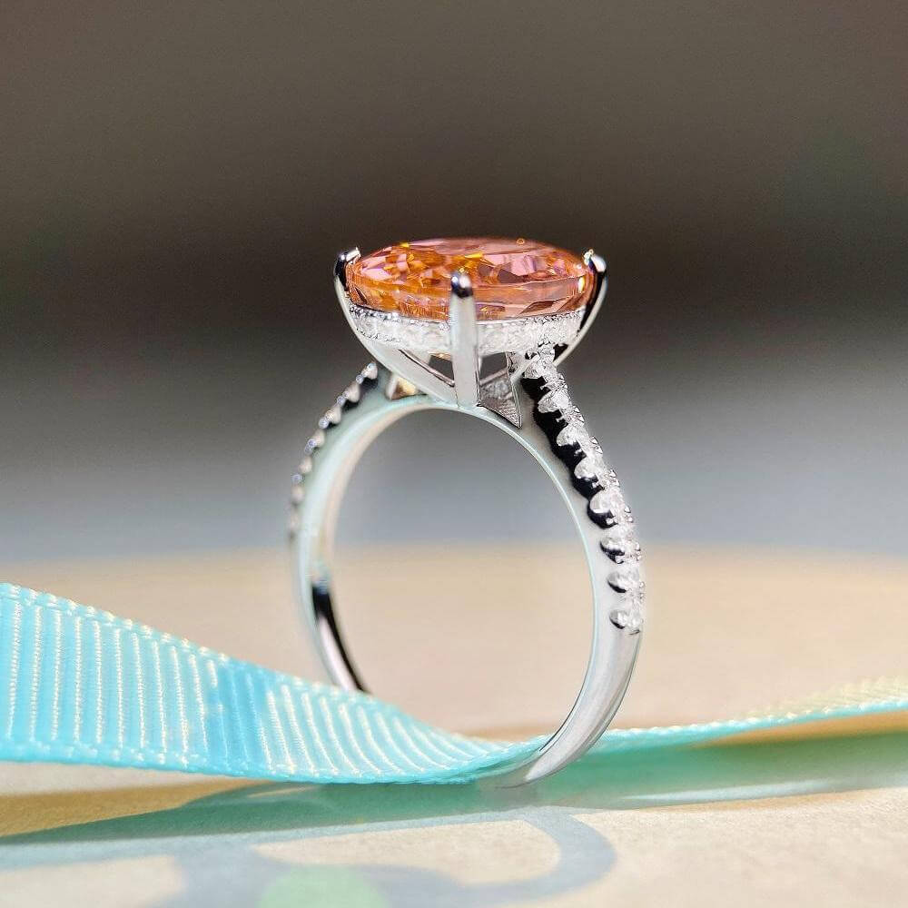 Gleaming 6.0ct Padparadscha Oval Cut Halo Engagement Ring In Sterling Silver