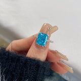 Radiant Cut Blue Stone Pave Sterling Silver Engagement Ring