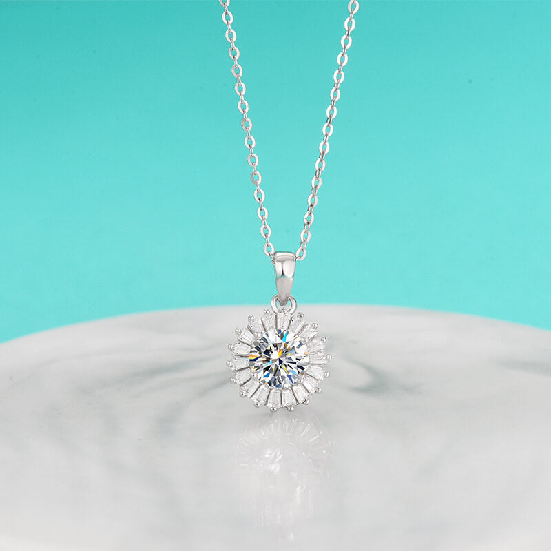 Round Cut Moissanite Radiant Sun Necklace with White Gold Plating, 925 Sterling Silver