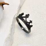 Halloween Round Cut Black Stone Crown Design Wedding Ring In Sterling Silver