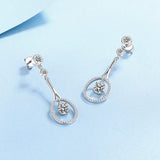 Round Cut White Stone Tennis Racket Design Earrings in White Gold Plating with Moissanite, 925 Sterling Silver