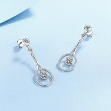 Round Cut White Stone Tennis Racket Design Earrings in White Gold Plating with Moissanite, 925 Sterling Silver