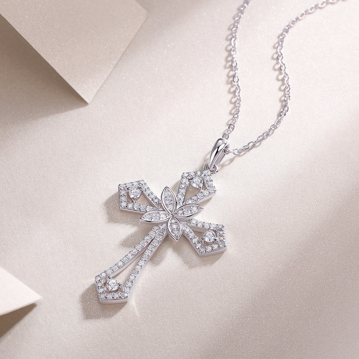 Round Cut Moissanite Cross Necklace with White Gold Plating, 925 Sterling Silver