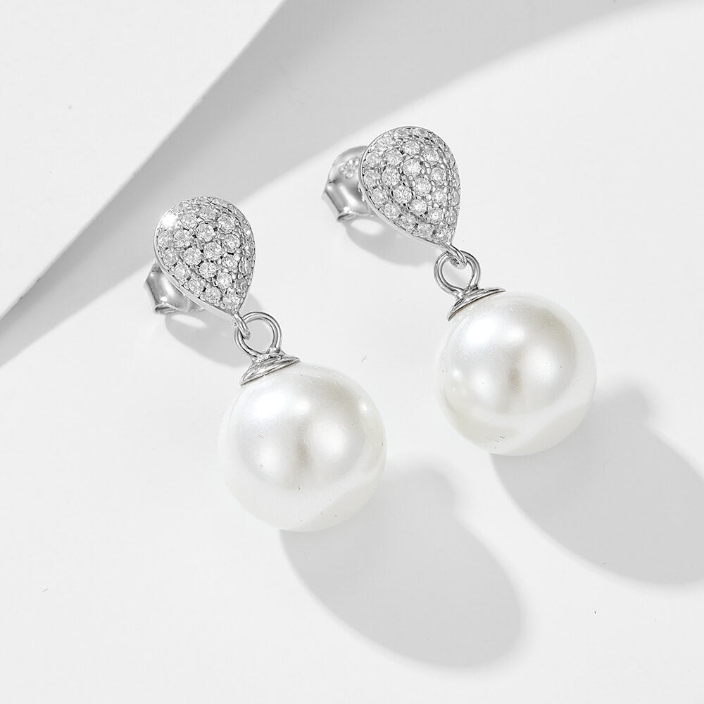 Elegant Pear Cut Stone Pearl Dangle Earrings In Sterling Silver For Woman