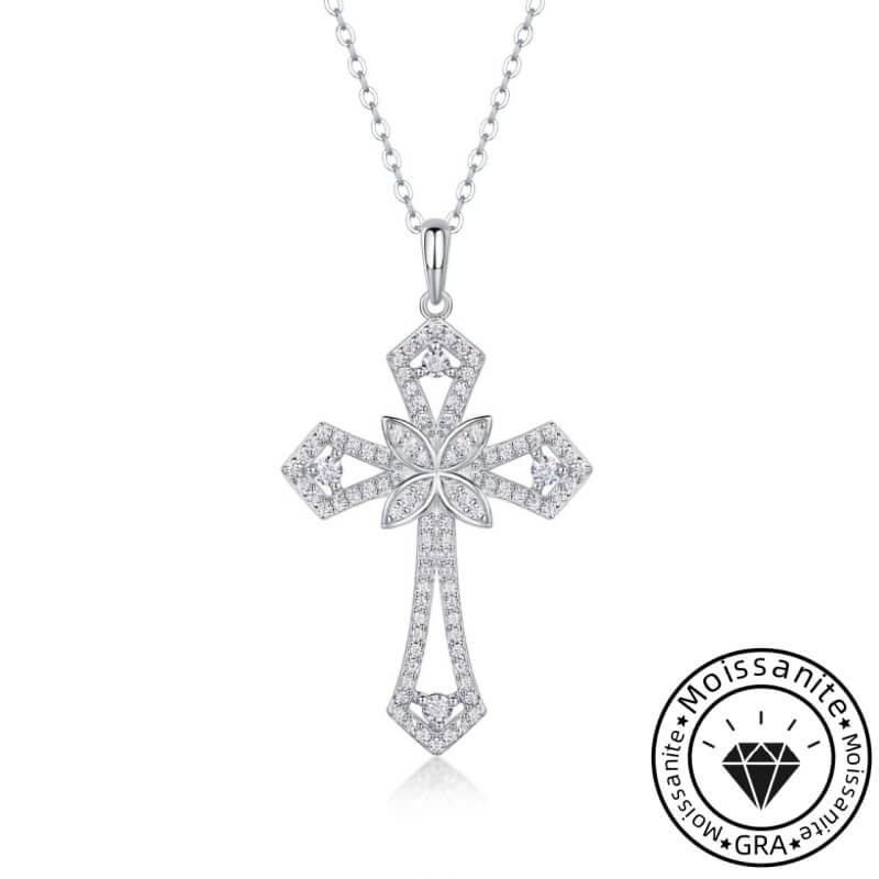 Round Cut Moissanite Cross Necklace with White Gold Plating, 925 Sterling Silver