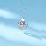 Round Cut Moissanite Crescent Moon and Star Necklace with White Gold Plating, 925 Sterling Silver