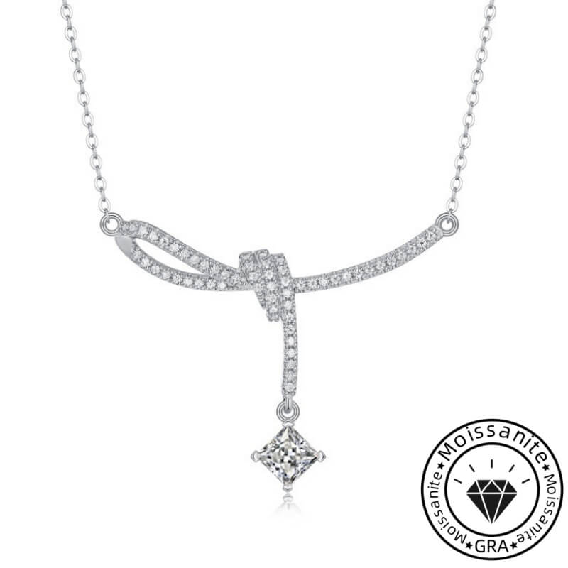 Asscher Cut Moissanite Ribbon Necklace with White Gold Plating, 925 Sterling Silver
