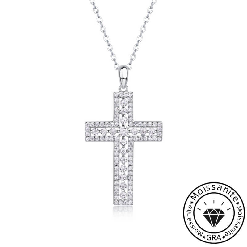 Princess Cut Moissanite Cross Necklace with White Gold Plating, 925 Sterling Silver