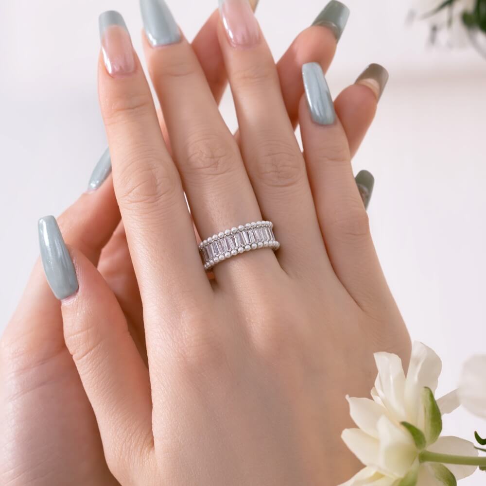 Silver Emerald Cut Stone & Pearl Eternity Ring | Solarii Jewelry