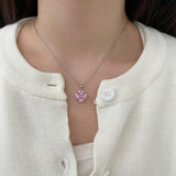 Heart Cut Pink CZ Flower Sterling Silver Necklace