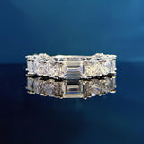 Stylish 925 Sterling Silver Blue Sapphire Round Cut&Emerald Cut Wedding Band