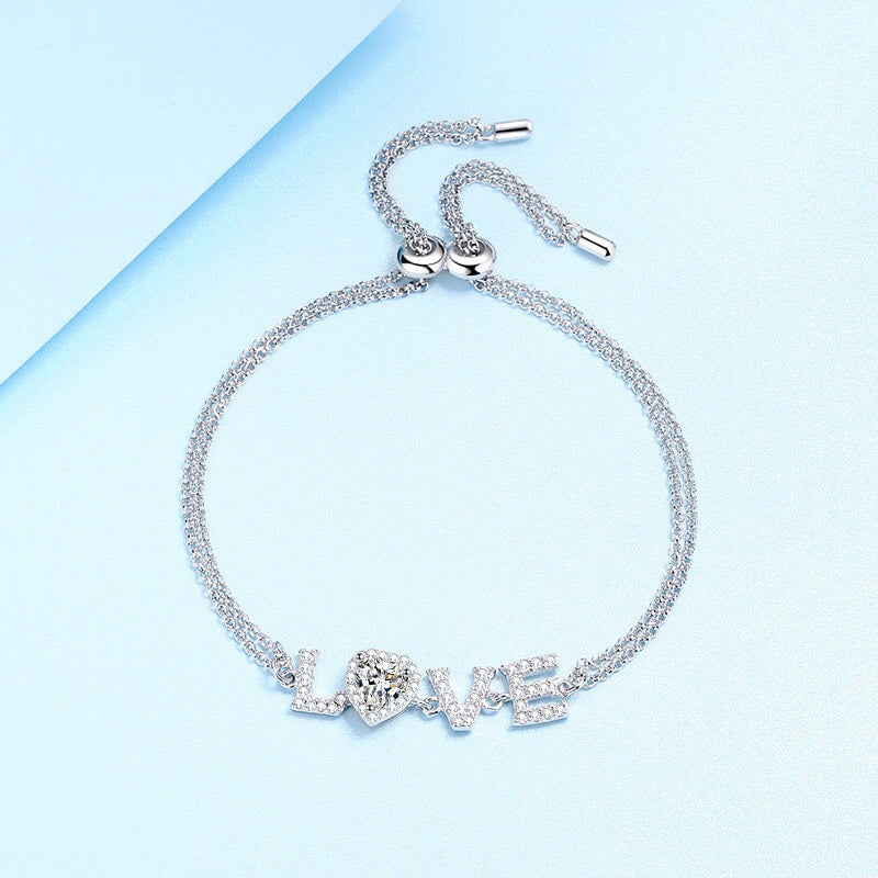 Heart Cut LOVE Moissanite Adjustable Bracelet with White Gold Plating, 925 Sterling Silver