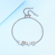Heart Cut LOVE Moissanite Adjustable Bracelet with White Gold Plating, 925 Sterling Silver