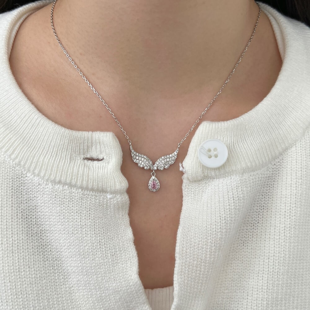 Angel Wings With Pear Cut Pink Sterling Silver Necklace