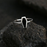 Halloween Coffin Cut Black Stone Engagement Ring In Sterling Silver