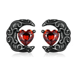 Enchanting Heart Cut Ruby and Black Moon Design Earrings in Sterling Silver