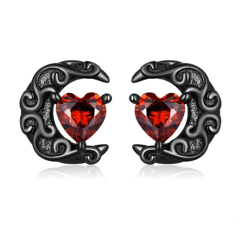 Enchanting Heart Cut Ruby and Black Moon Design Earrings in Sterling Silver