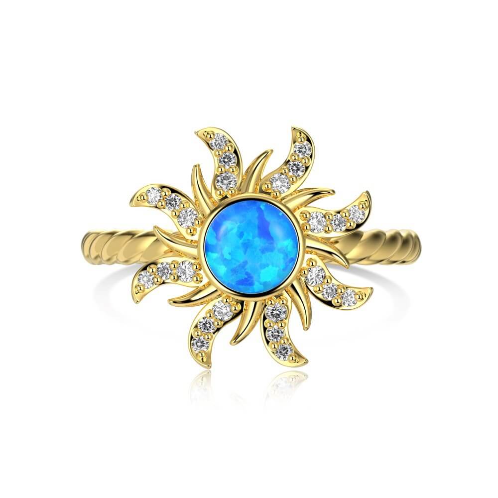 Luxurious Sunflower Design Round Cut Blue Stone Sterling Silver Engagement Ring