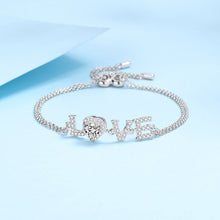 Heart Cut LOVE Moissanite Adjustable Bracelet with White Gold Plating, 925 Sterling Silver