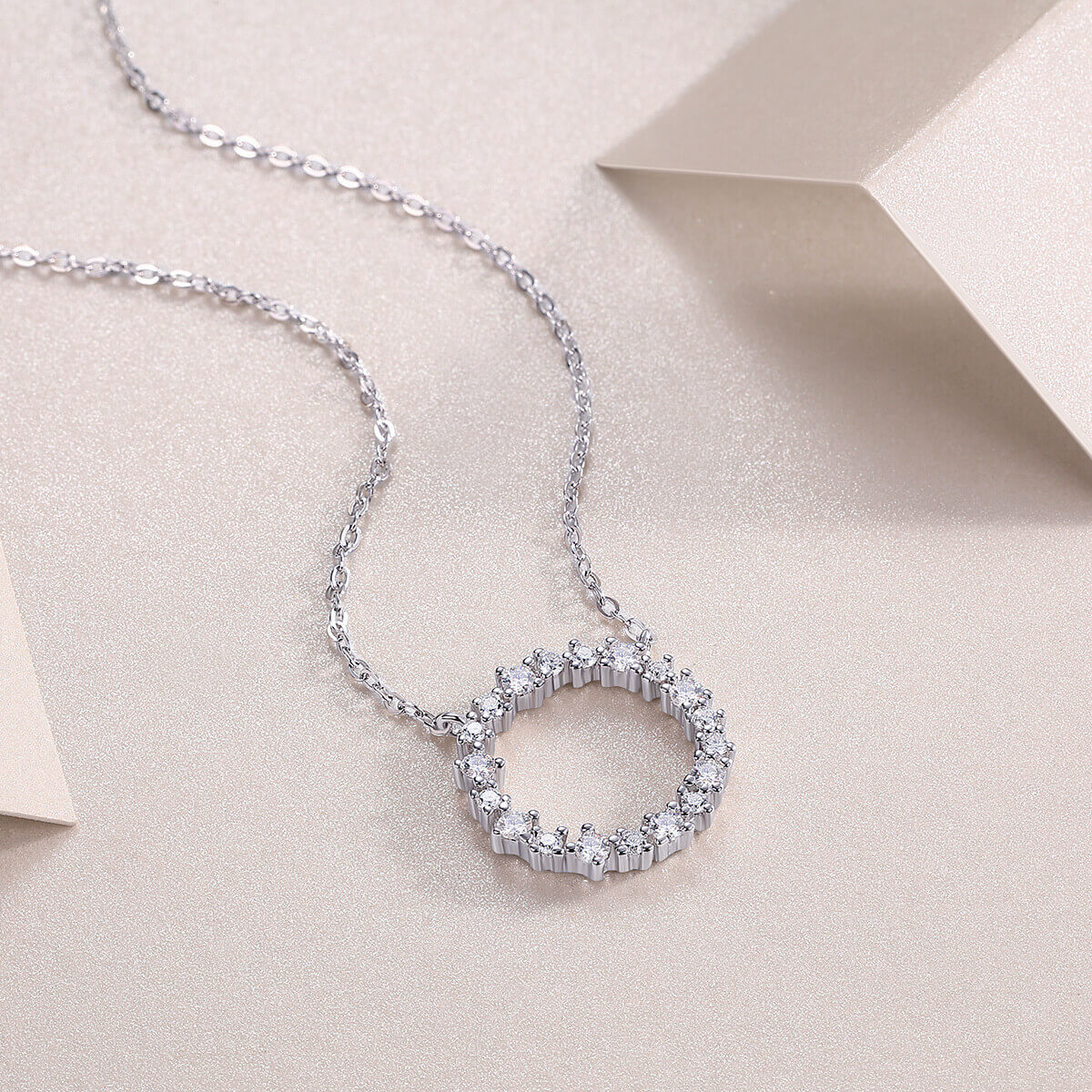Round Cut Halo Circle Necklace with White Gold Plating, 925 Sterling Silver