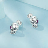 Halloween Skull Design Heart Cut Purple Stone Earrings In Sterling Silver