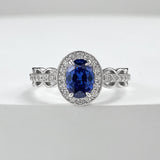 Radiant 1.0ct Blue Sapphire Oval Cut Halo Engagement Ring In Sterling Silver