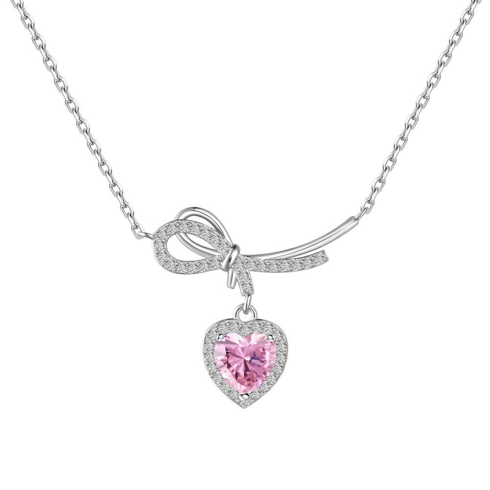 Heart Cut Pink CZ Bow Sterling Silver Necklace