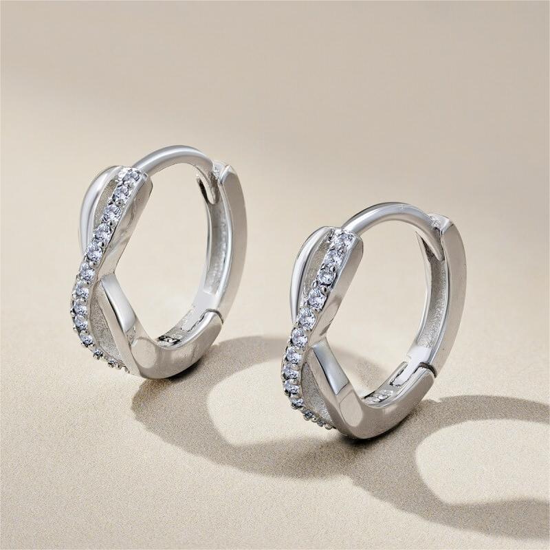 925 Sterling Silver Crossed Design Round Cut Hoop Earrings