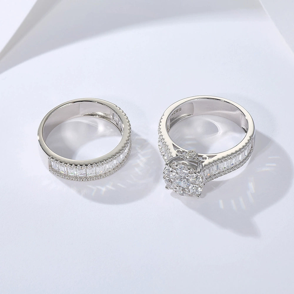Sculpted Round Cut 2.0ct Pave Ring Sets In Sterling Silver
