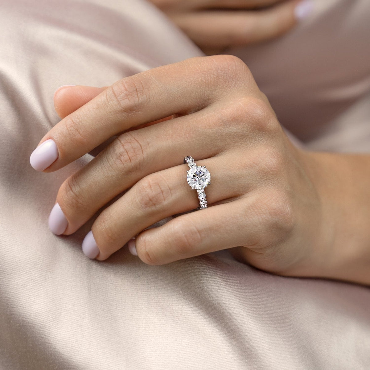 Glistening-hued Solarii Moissanite 2.0ct Round Cut 925 Sterling Silver Pave Engagement Ring