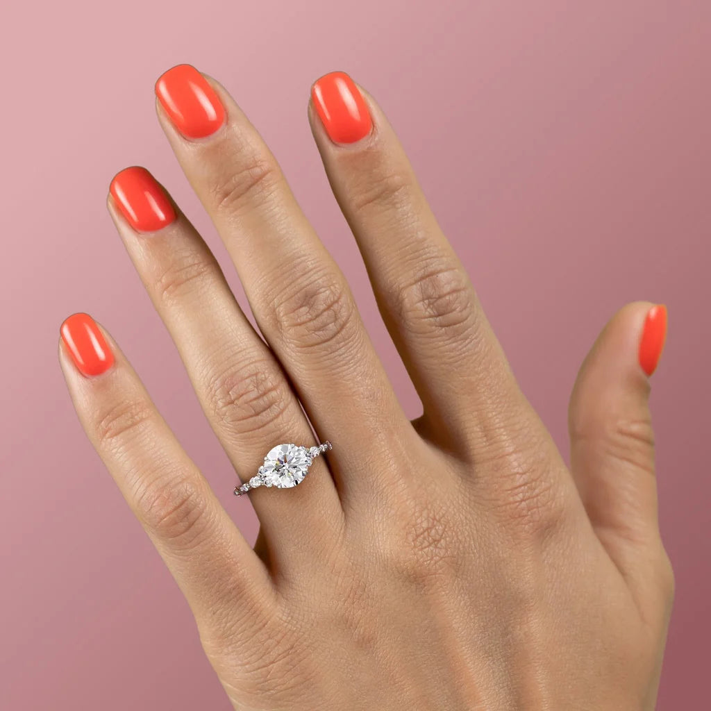 Graceful Solarii Moissanite 2.0ct Round Cut 925 Sterling Silver Side Stone Engagement Ring
