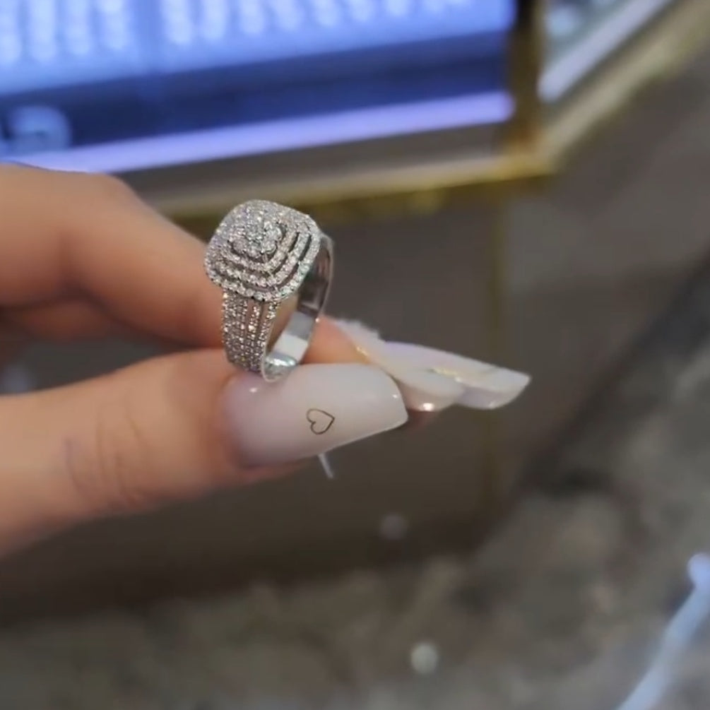 Luxurious Triple Halo Pave Cluster Ring In Sterling Silver