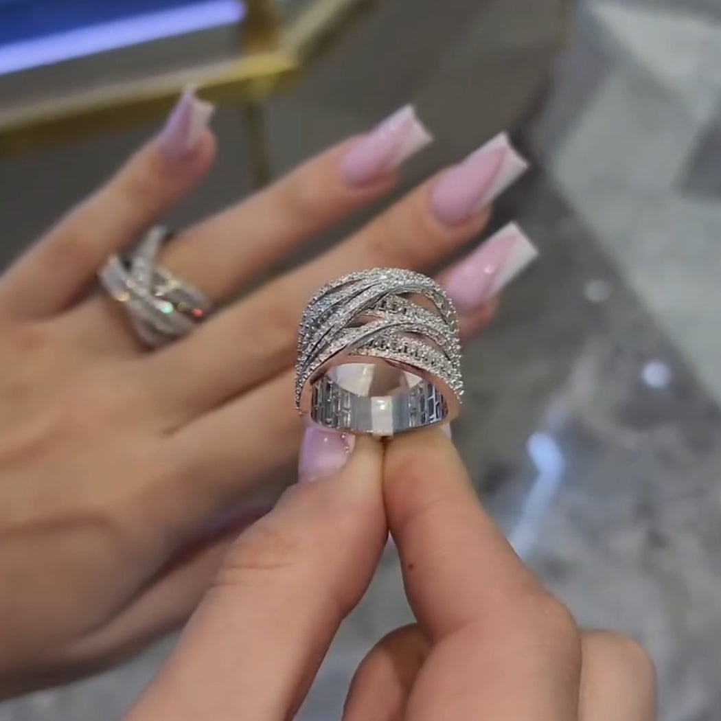 Elegant Criss Cross Pave Round Cut Wide Band Wedding Ring