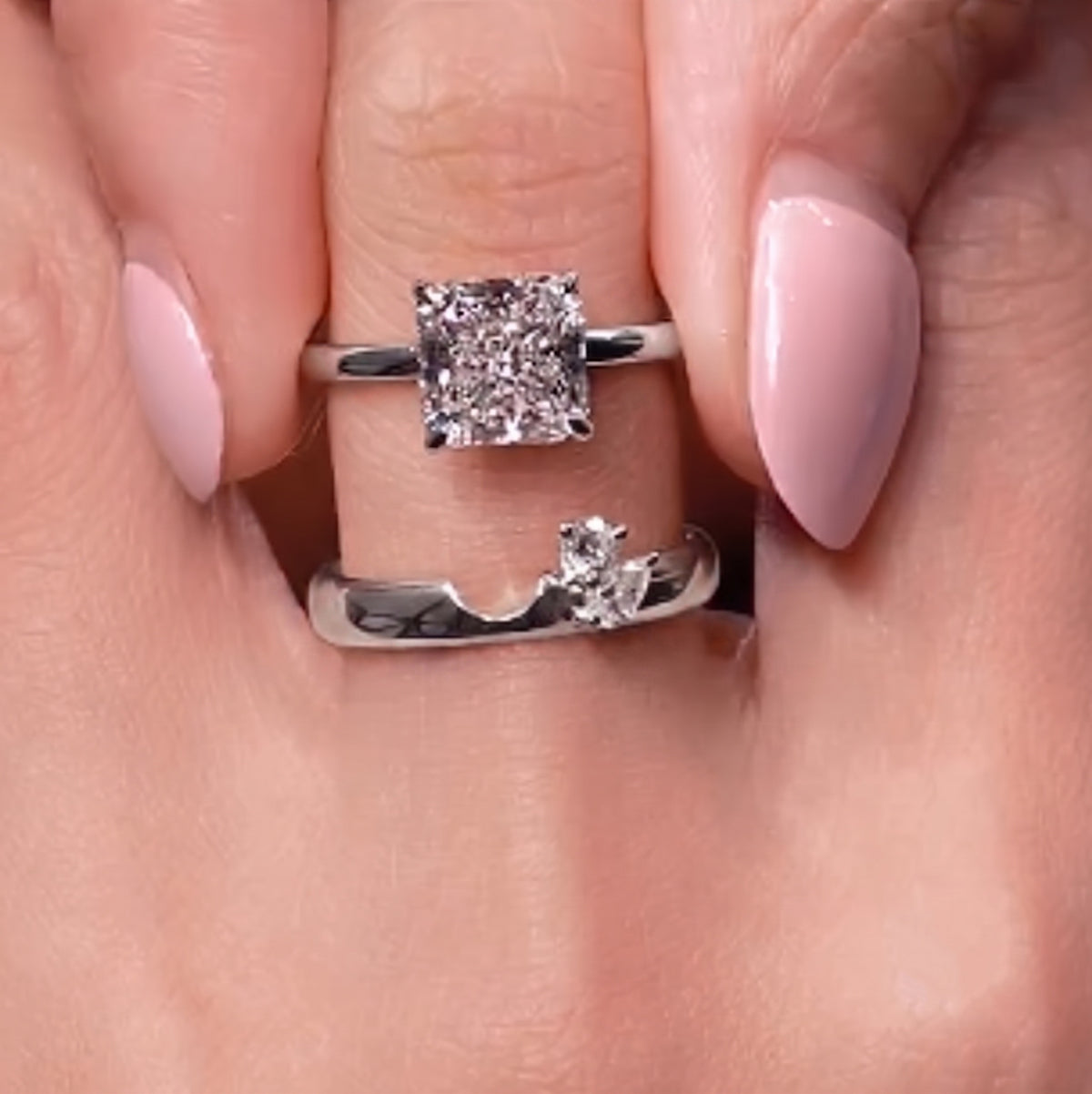3.0ct Square Radiant Cut Engagement Ring & Curved Band Bridal Set