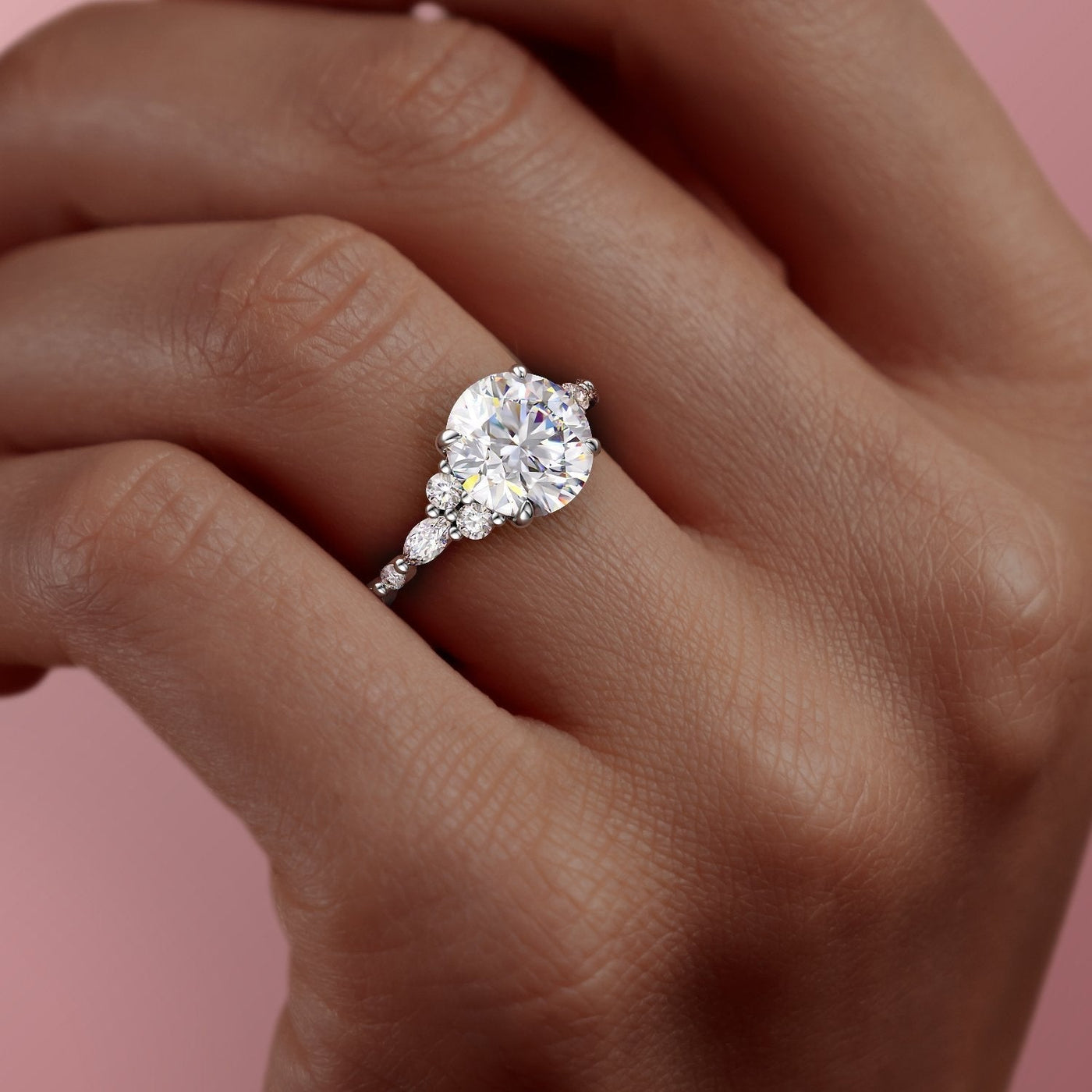 Graceful Solarii Moissanite 2.0ct Round Cut 925 Sterling Silver Side Stone Engagement Ring