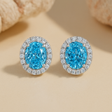 Sterling Silver Halo Aquamarine Blue Oval Cut Drop Earrings